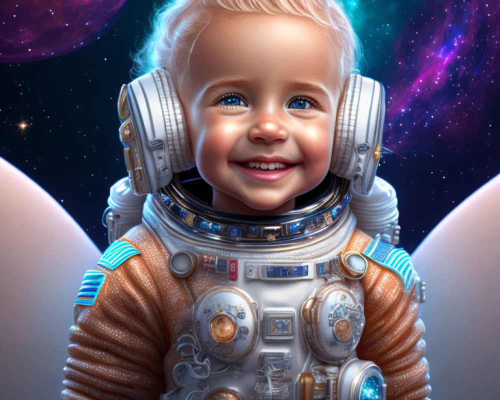 Blue-eyed toddler in astronaut suit against cosmic backdrop