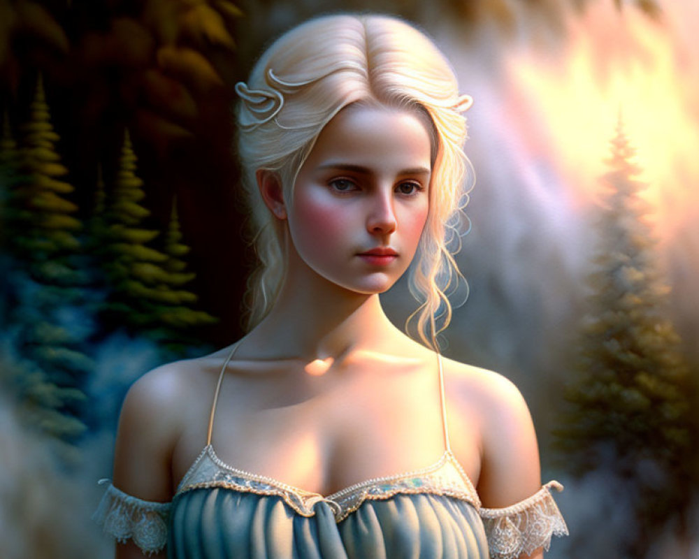 Platinum Blonde Woman in Off-Shoulder Dress in Mystical Forest