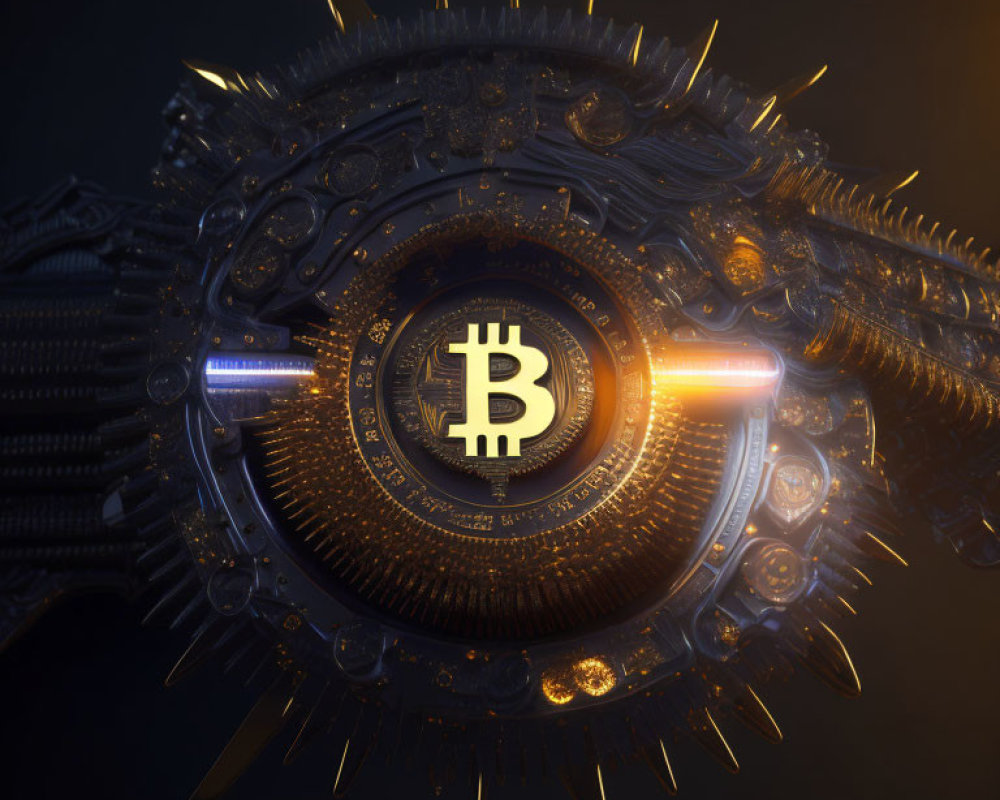 Detailed Gold Bitcoin Symbol Mechanical Structure with Gears