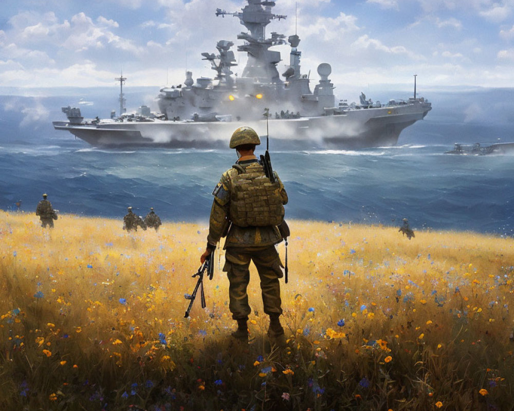 Soldier with rifle in flower field overlooking battleships at sea