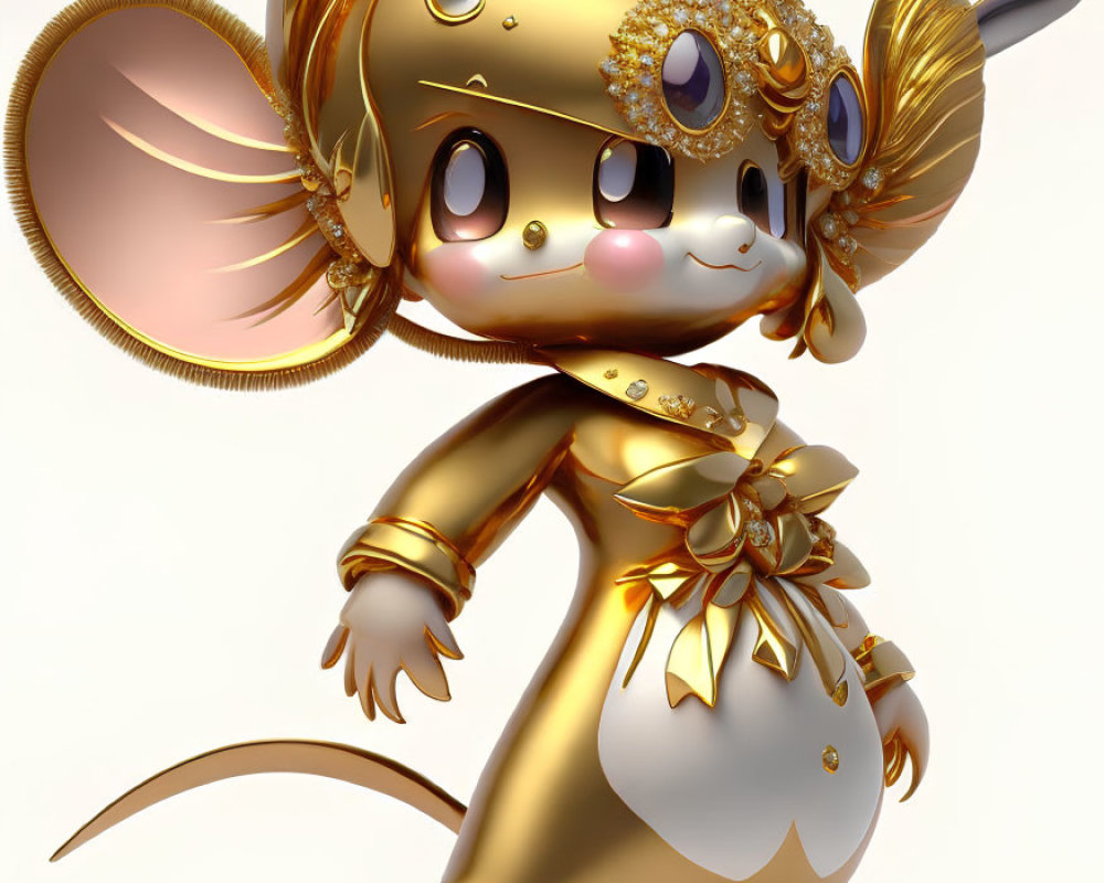 Golden anthropomorphic mouse character with bows, floral patterns, and gemstones standing cheerfully