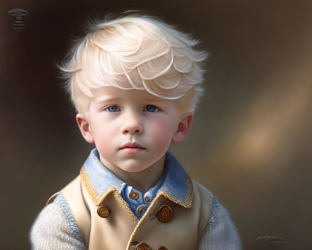 Young boy with blond hair and blue eyes in golden vest against blurred brown background