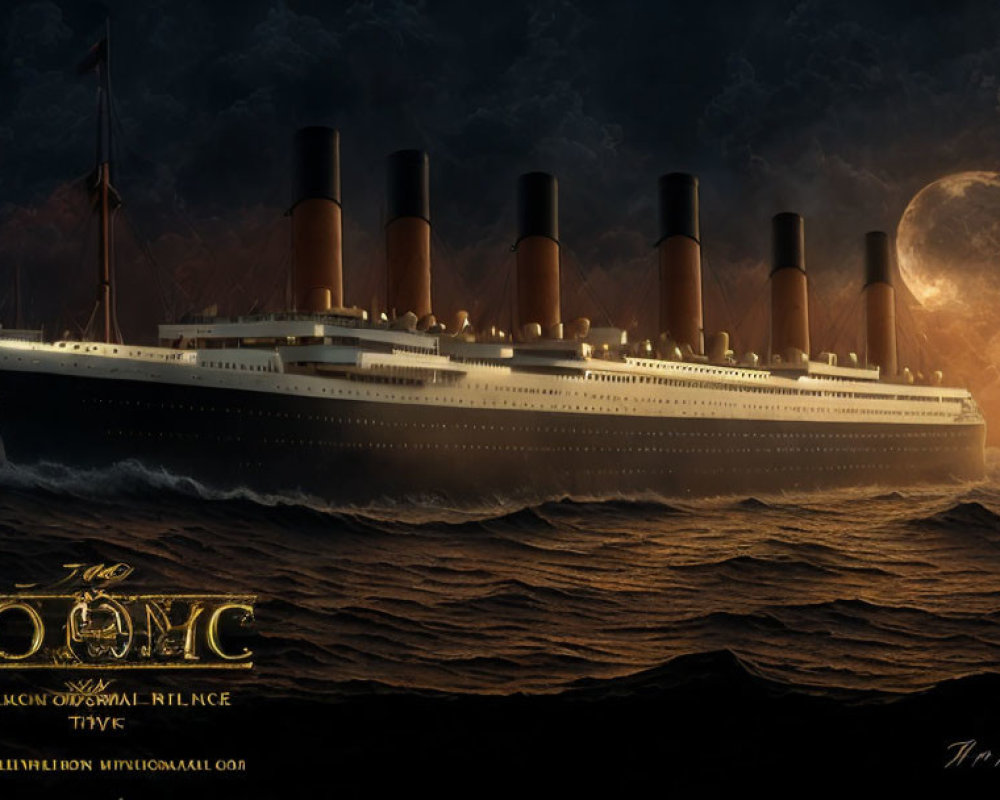 Digital Artwork: Titanic at Sea with Full Moon & Dramatic Sky