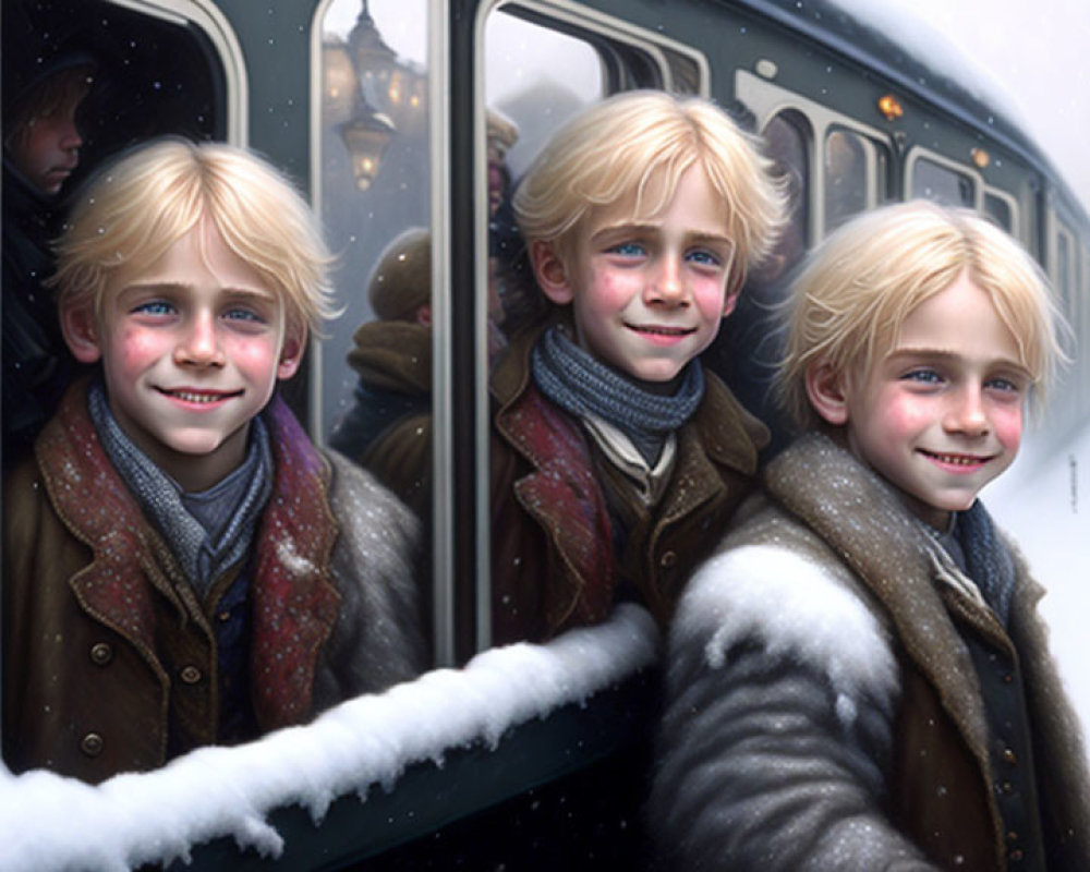 Three Blonde-Haired Children in Winter Attire on Vintage Train Car Window