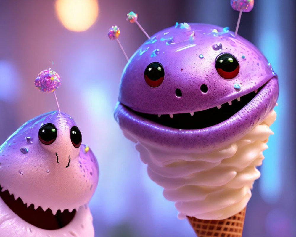 Colorful Happy Ice Cream Creatures on Vibrant Bokeh Background