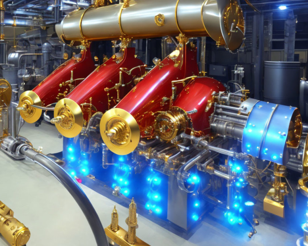 Vibrant red and gold industrial machinery with blue lights