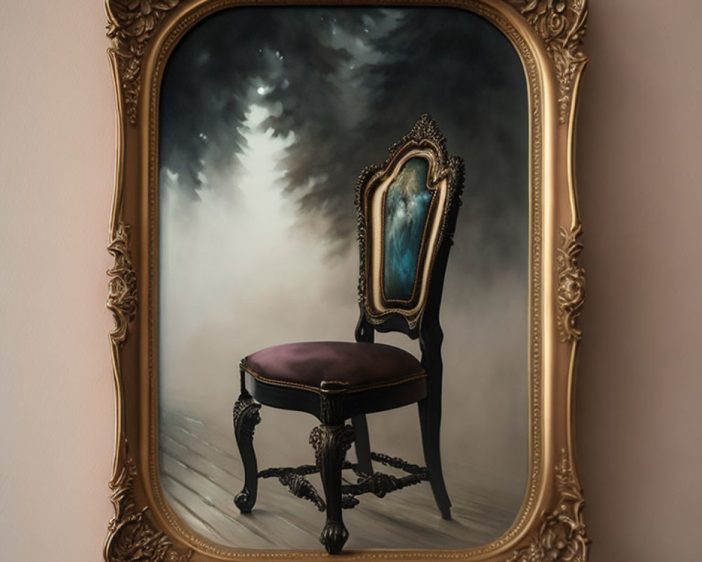 Vintage chair painting with misty forest background