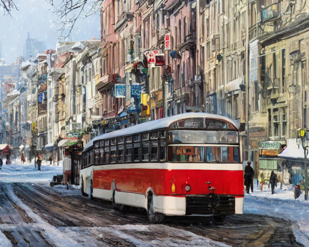 Vintage red tram in snowy historic street with clear wintry sky