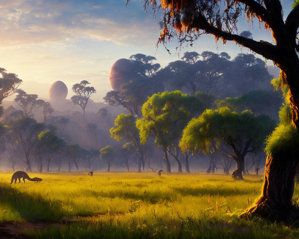 Australian landscape at sunrise with kangaroos and mystical rock formation