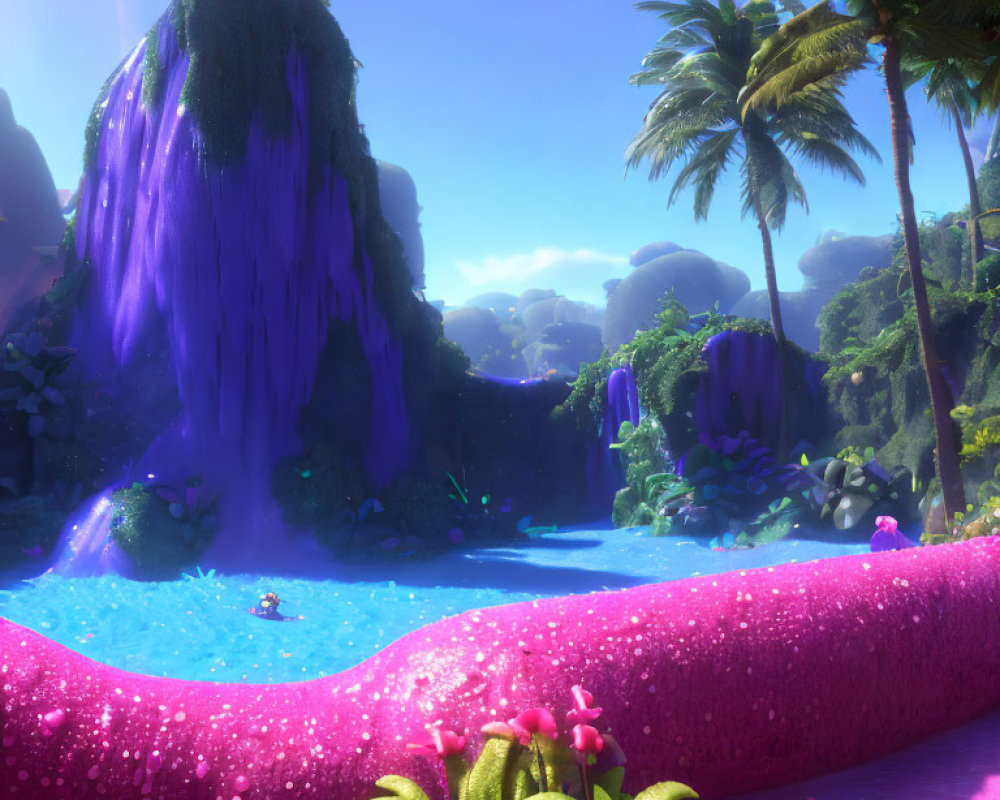 Fantasy landscape with pink path, blue pond, lush greenery, palms, purple waterfall