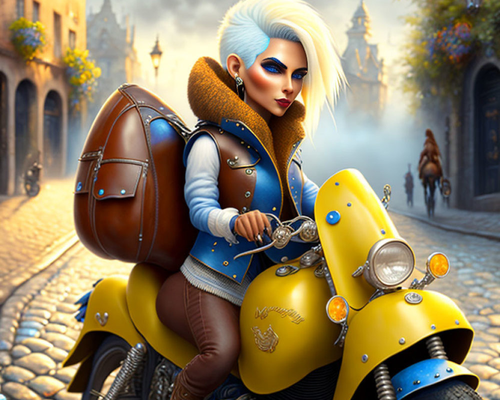 Animated woman with white-blue hair on yellow scooter in cobblestone street.