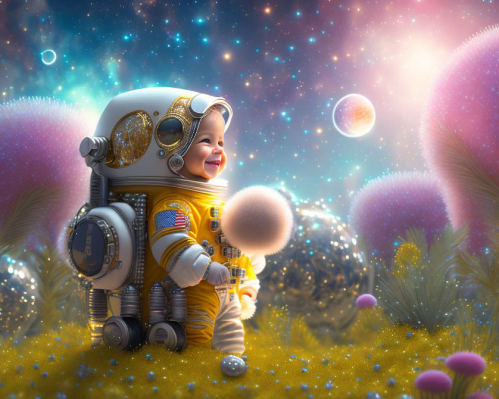 Toddler astronaut plays with bubbles in alien plant setting