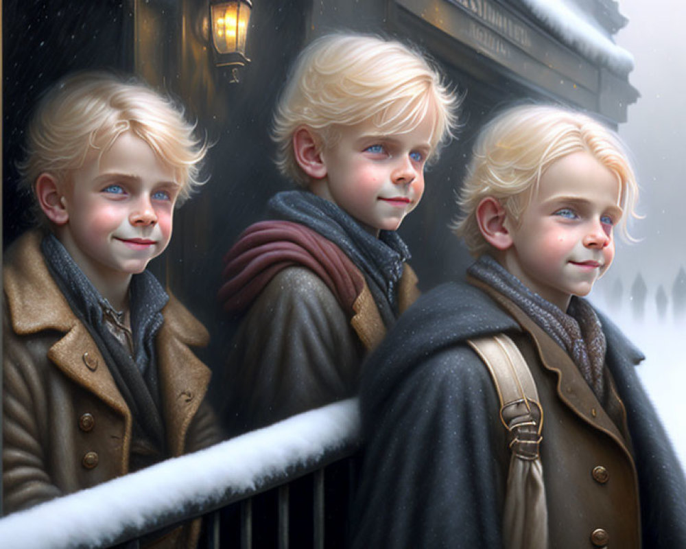 Blonde Children Smiling in Snow by Lit Window