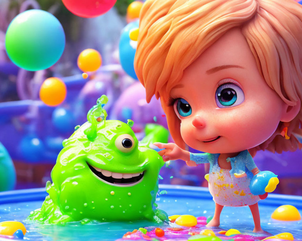 Young girl with blonde hair and green slime creature in colorful pool