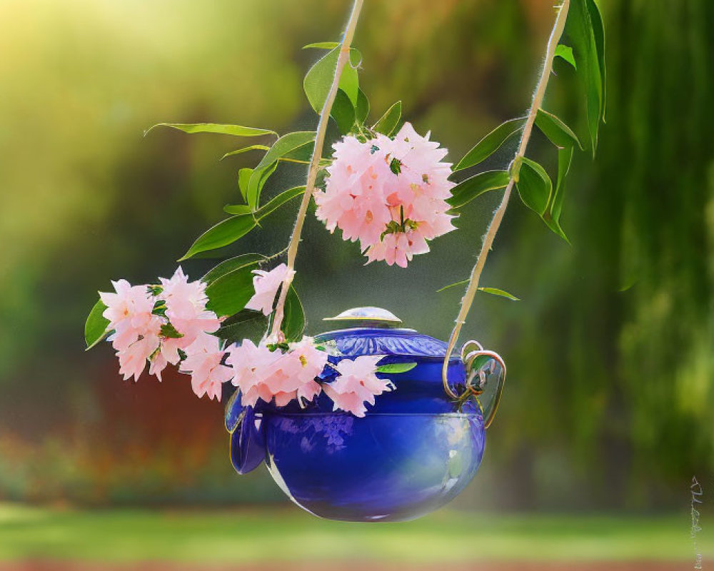 Blue Teapot Planter with Pink Flowers in Garden Setting