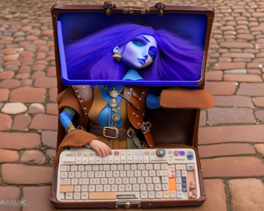 Vibrant Purple Hair Woman Emerges from Keyboard Suitcase