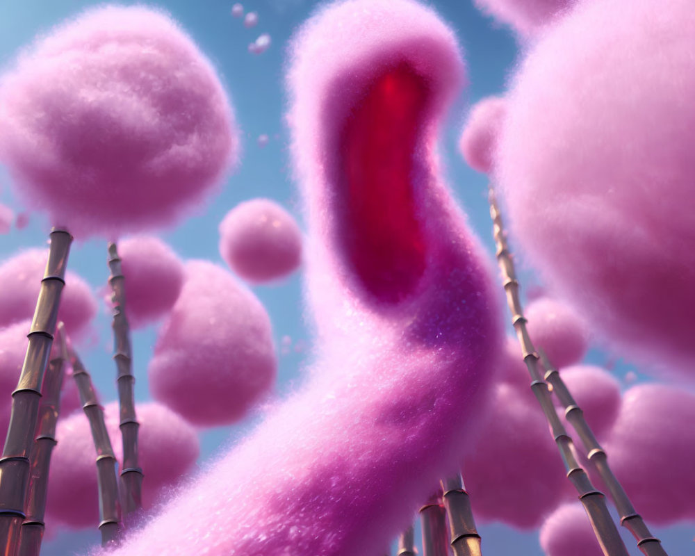 Fantastical landscape with pink trees, magenta river, and bamboo stalks