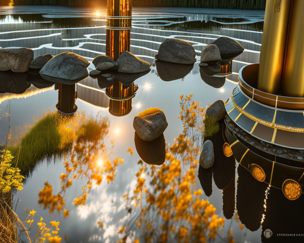 Golden Towers Reflecting in Tranquil Pond at Sunset