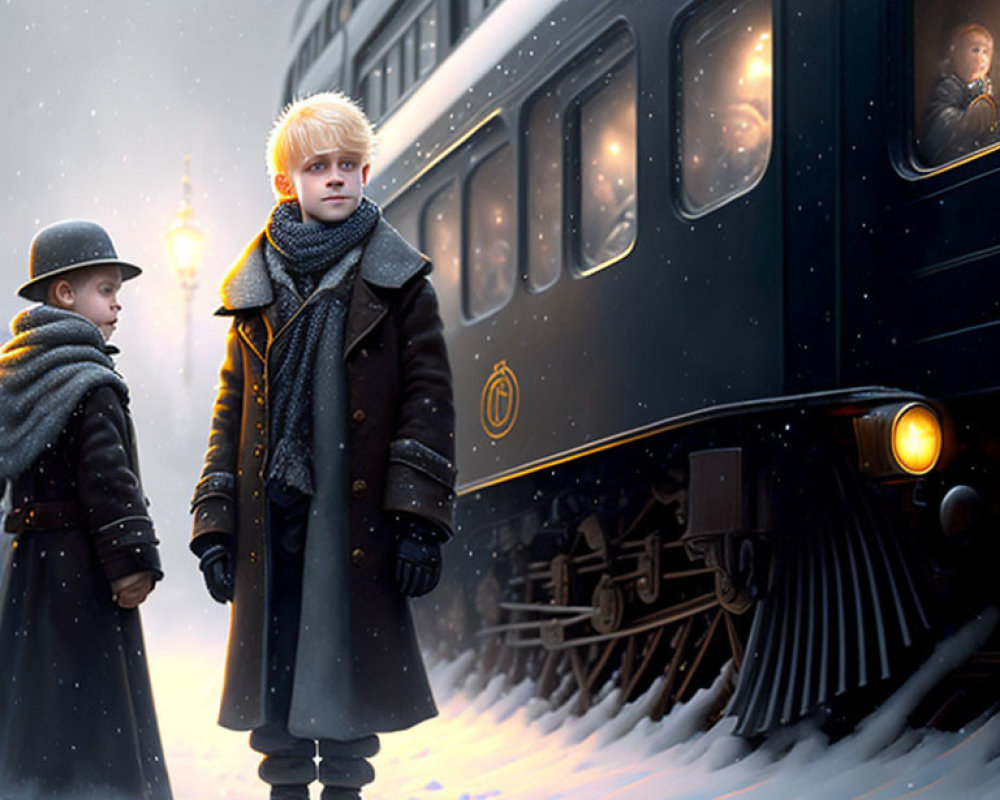 Snow-covered train station scene with two boys, classic train, glowing lamp post, and falling snowfl