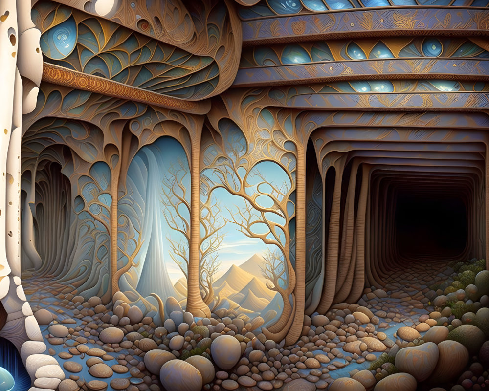 Surreal artwork featuring stylized trees, intricate patterns, stone-strewn landscape, tent,