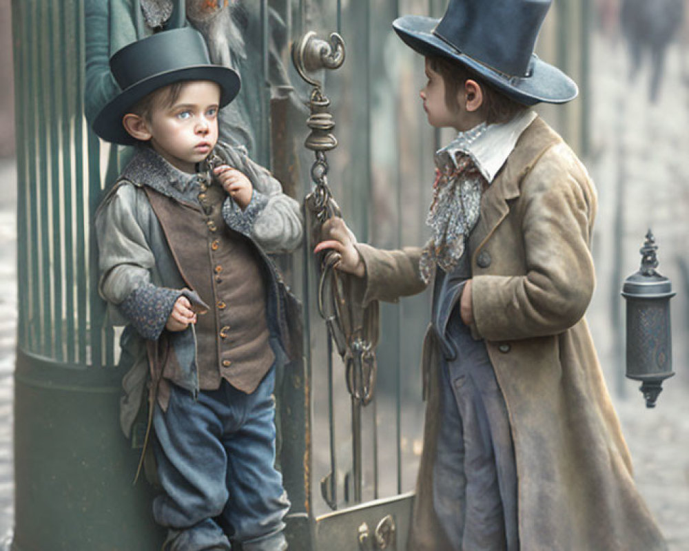 Vintage-dressed boys with keys, man behind bars on cobblestone street.