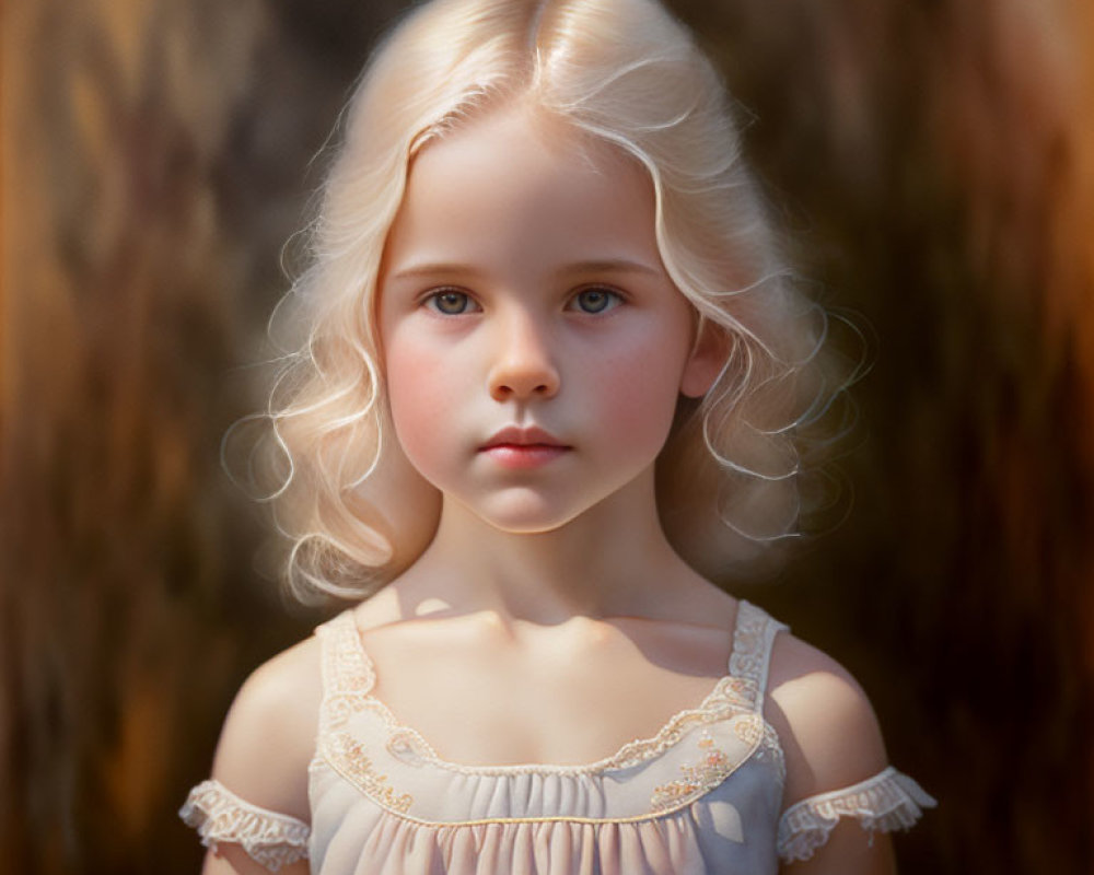 Blond Curly-Haired Girl in Light Dress Portrait