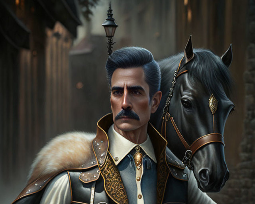 Historical military figure with mustache beside black horse in misty street setting