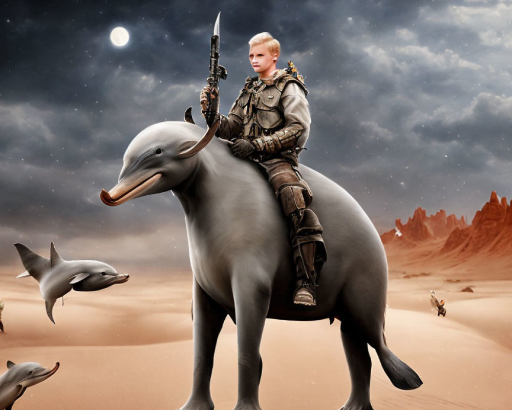 Child in futuristic armor rides dolphin in desert under moonlit sky