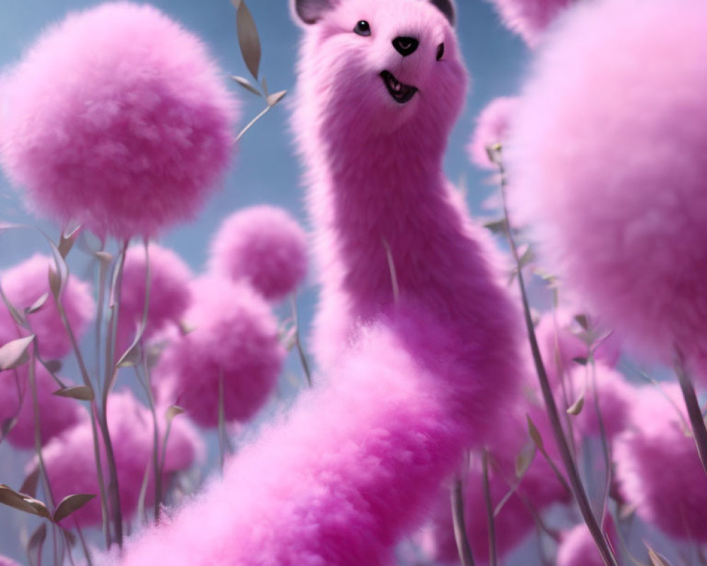 Pink furry creature with long neck in fluffy pink field under blue sky