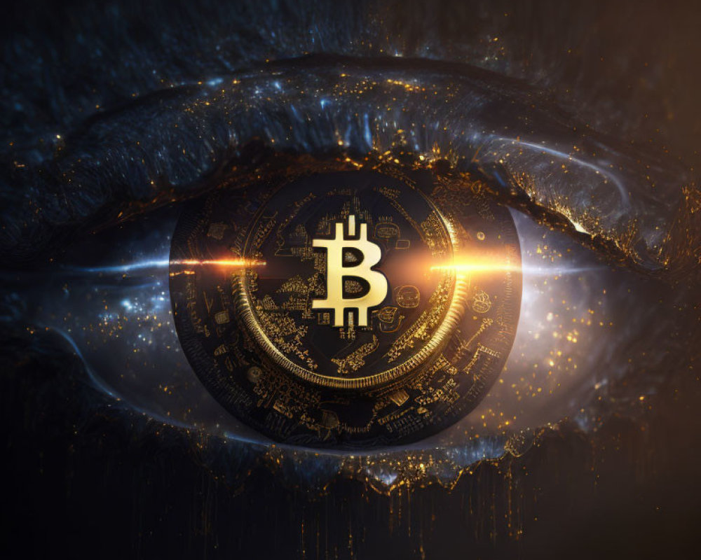 Human eye with glowing Bitcoin symbol and digital elements in cosmic backdrop