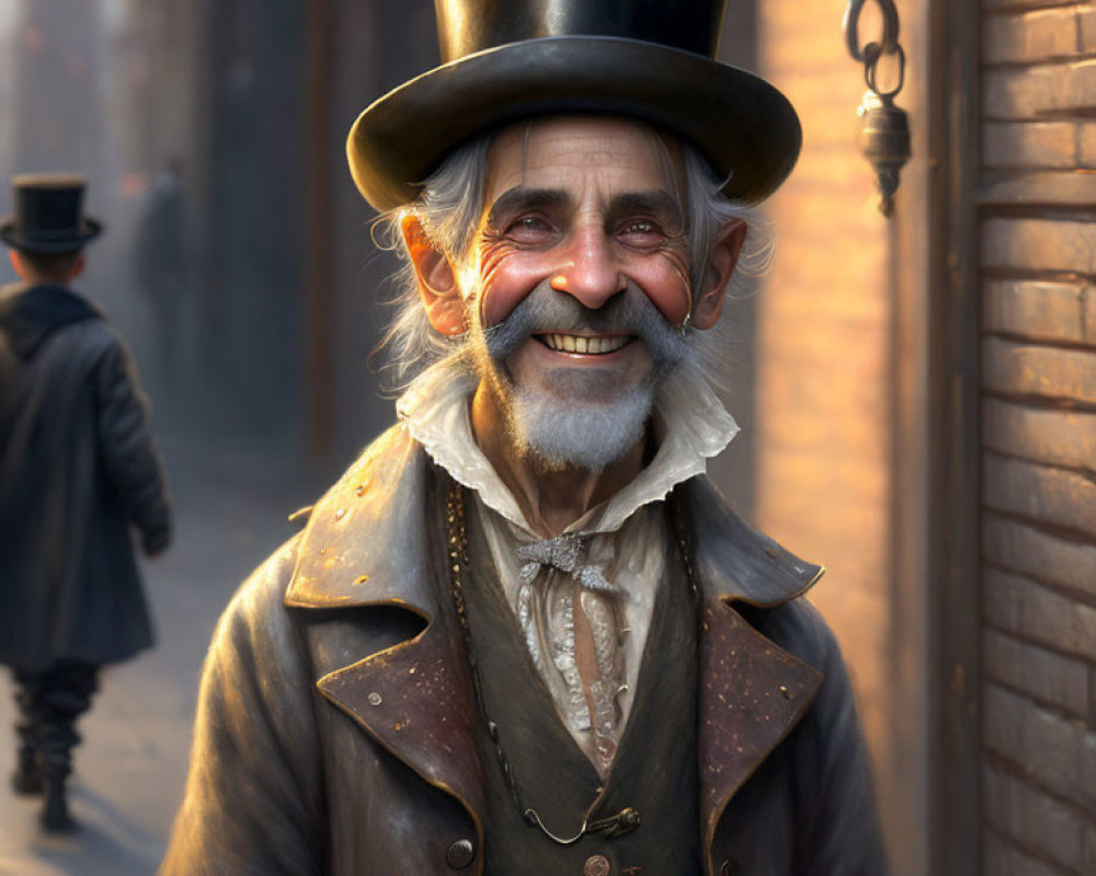 Elderly man in top hat smiling on cobblestone street