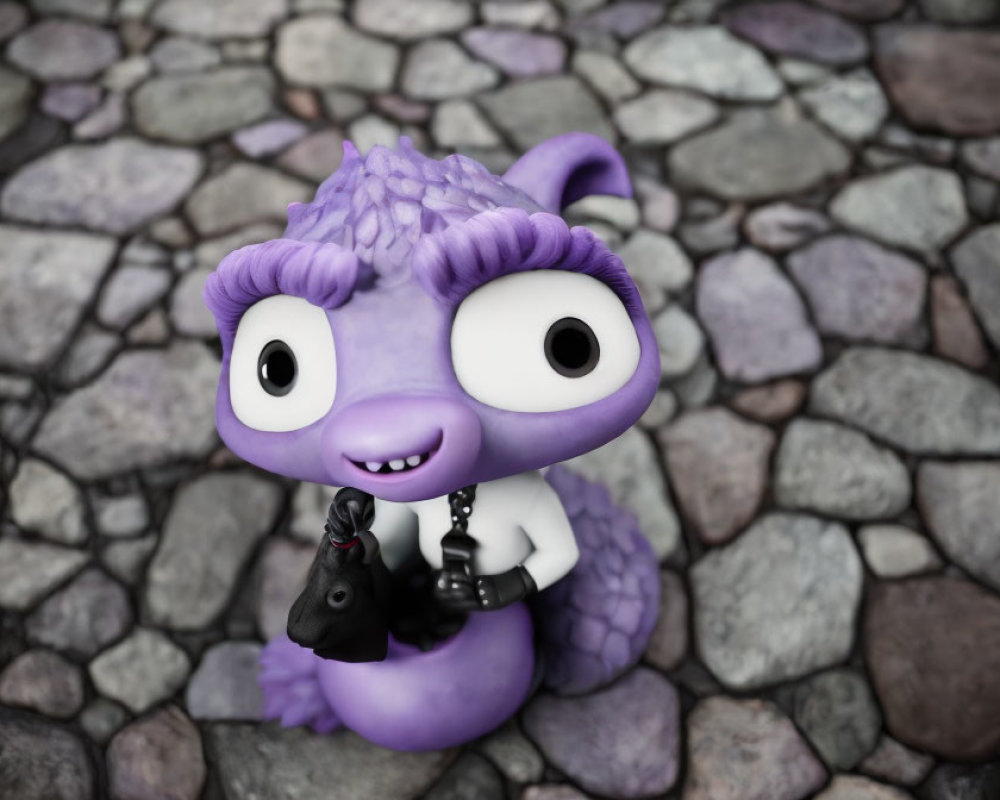 Purple Cartoonish Dragon Toy with Chess Piece on Cobblestone Surface