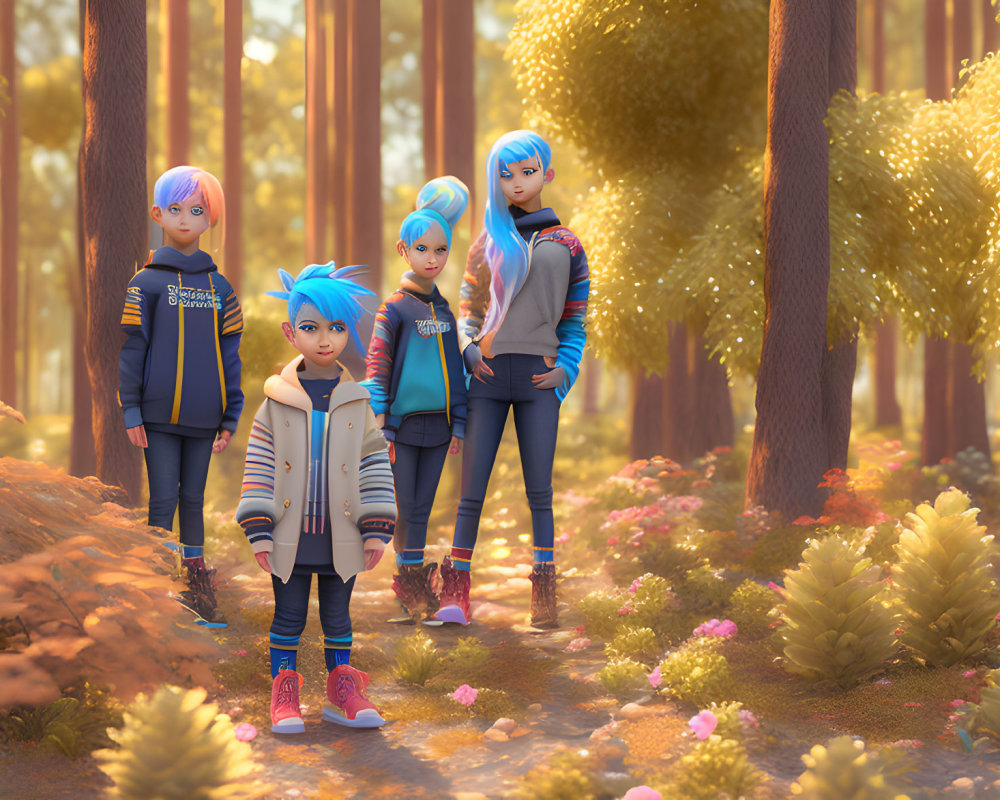 Five animated characters with blue hair in a sunlit forest surrounded by flowers