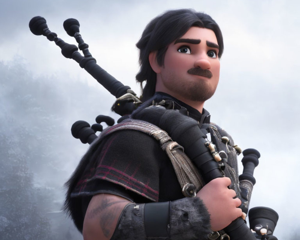 3D animated character in kilt playing bagpipes in snowy scene