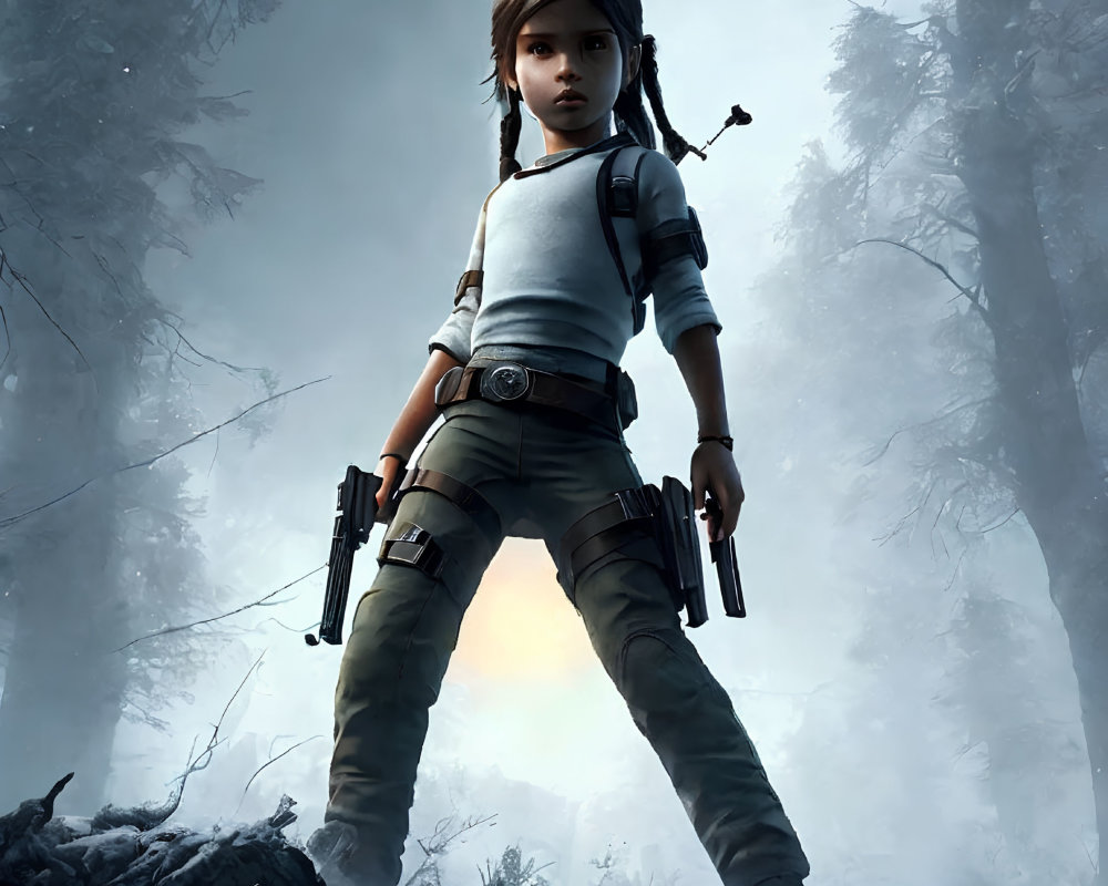 Confident young girl in snowy forest with holster and gun wearing blue shirt and cargo pants