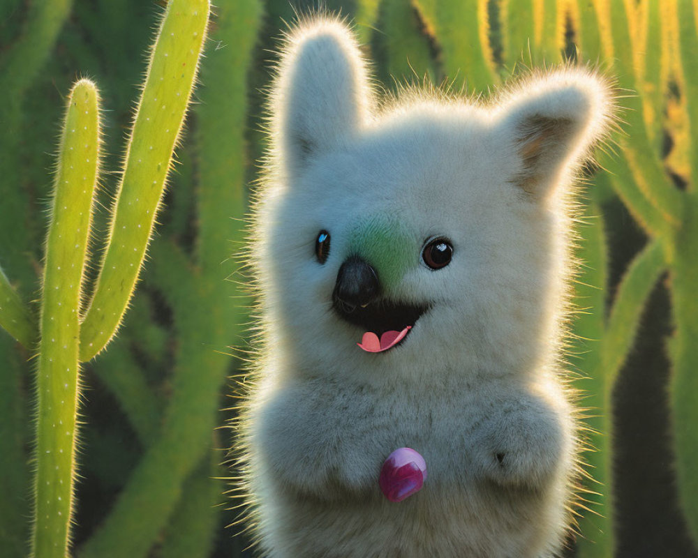 White fluffy dog-like creature with heart-shaped nose and green eyes in cactus setting