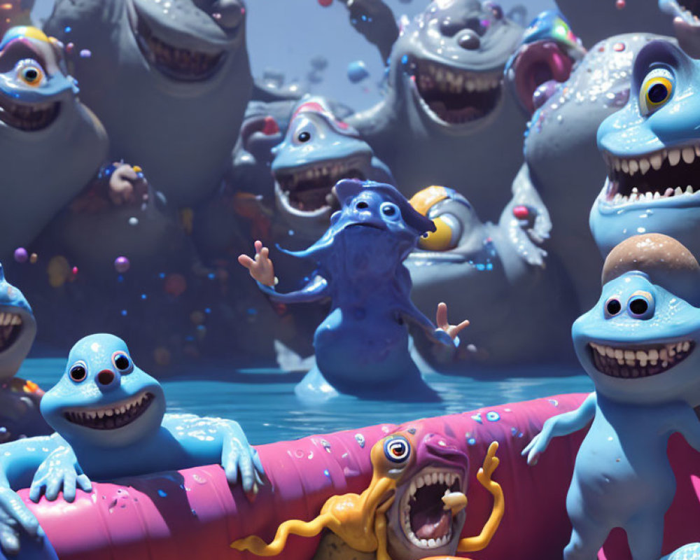 Blue animated monsters having a festive pool party