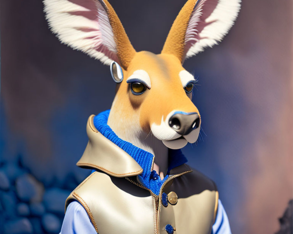 Stylized anthropomorphic deer figure in blue and white jacket