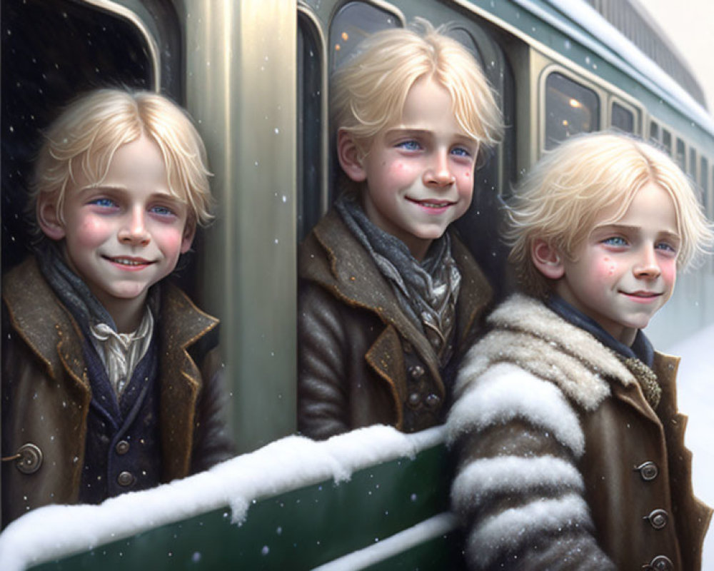 Animated children in coats on snowy train with elderly silhouette