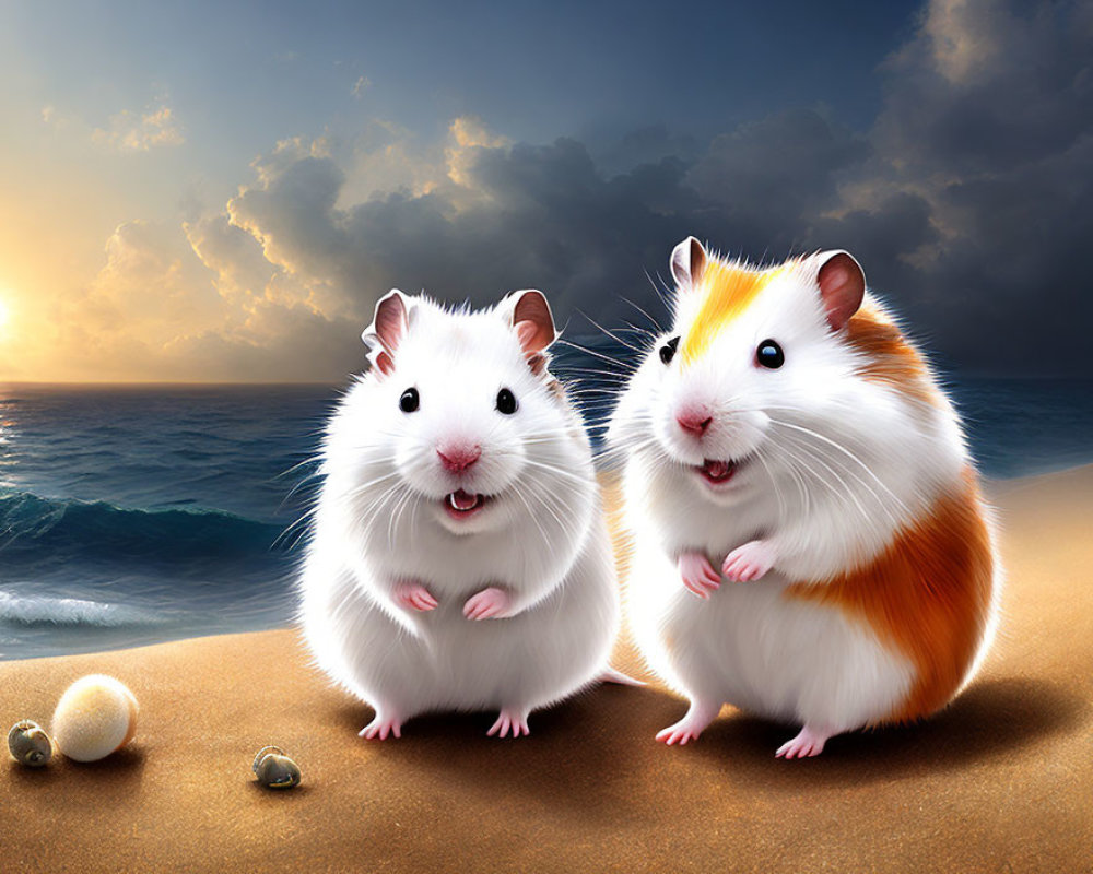 Cartoon Hamsters on Beach at Sunset with Sea Shell and Pearl