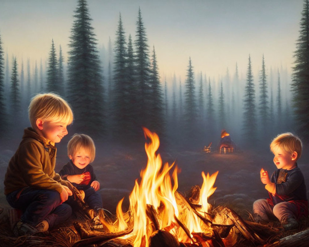 Children smiling at campfire in forest clearing at dusk