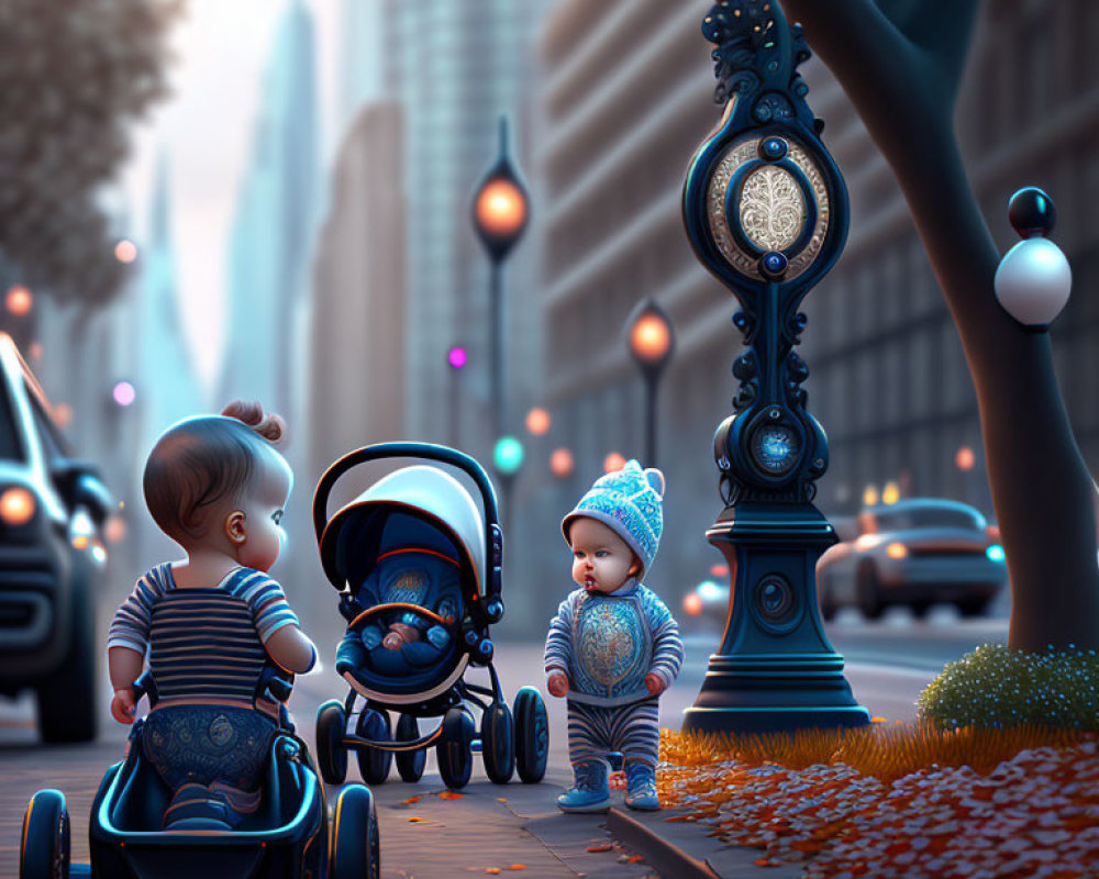 Two toddlers in urban setting at twilight with street clock, stroller, pedal car, cars, and