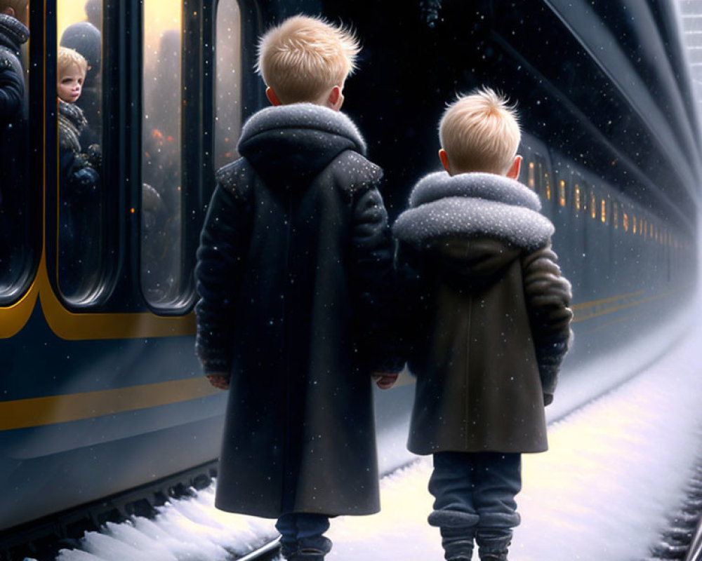 Children watching train leave snowy platform with reflections.