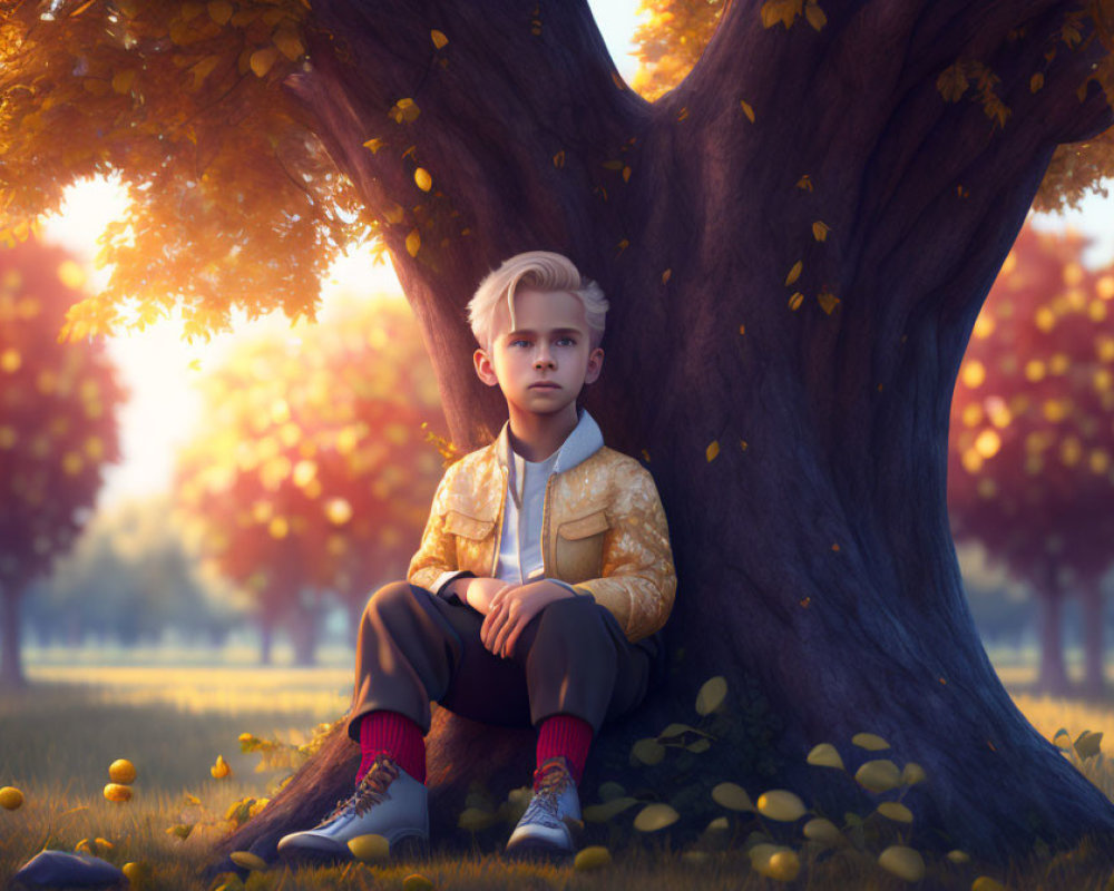 Young boy under large tree surrounded by fallen leaves and sunlight.