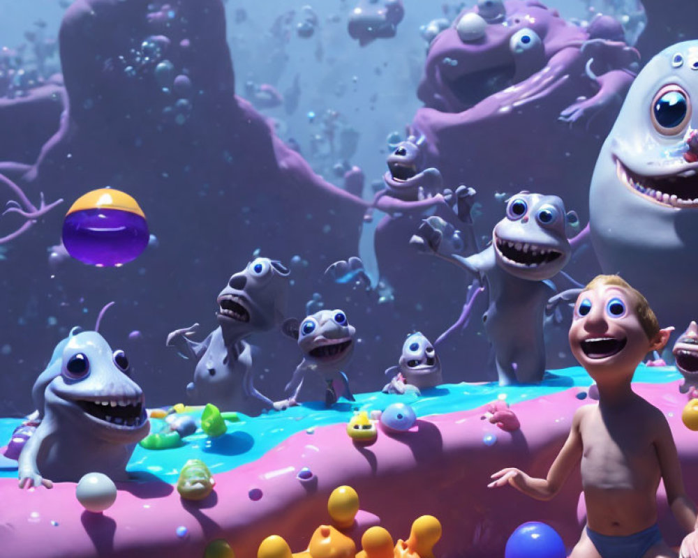 Colorful underwater scene with happy boy and playful creatures