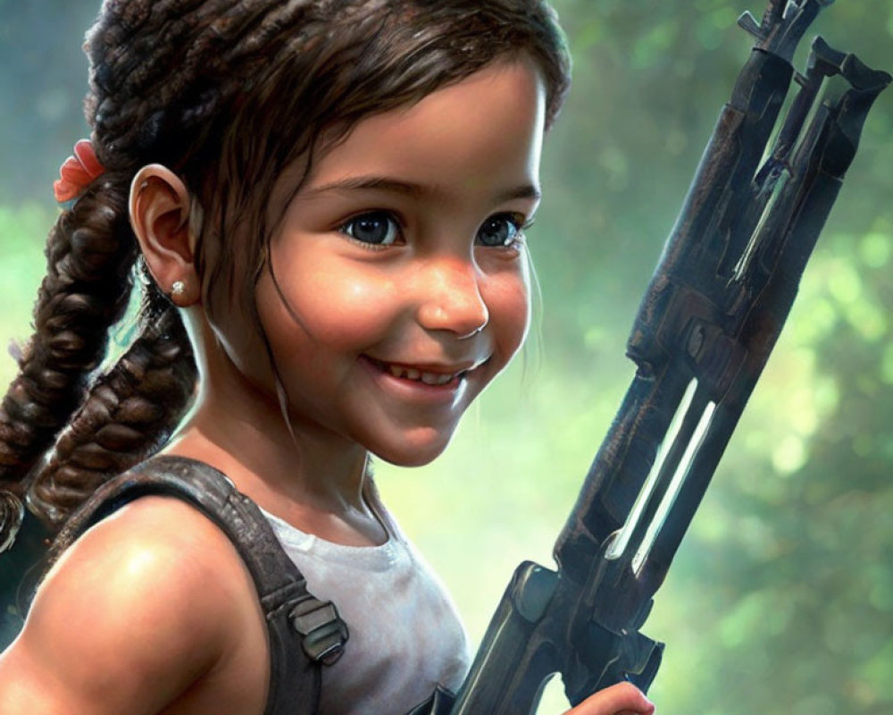 Young girl with braided hair smiling in forest with rifle on back