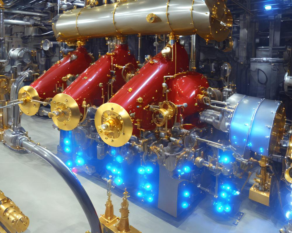 Sophisticated industrial setup with red cylinders, golden pipes, and blue illuminated machinery.