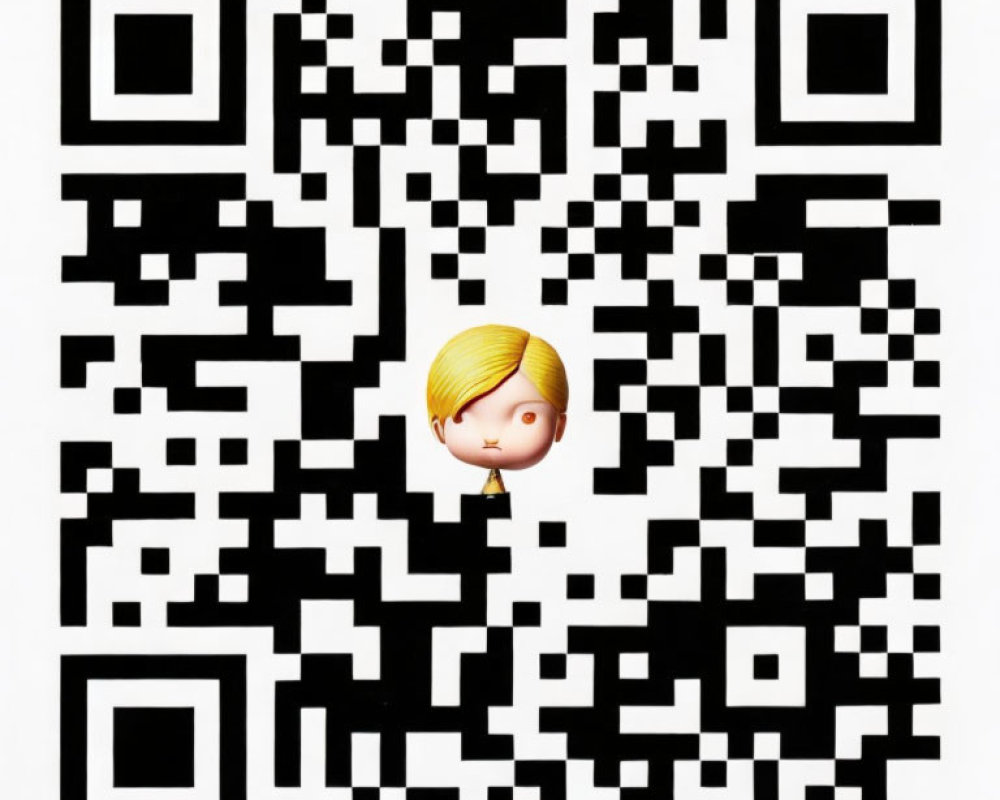 QR Code Featuring Cartoon Character's Head in Black and White