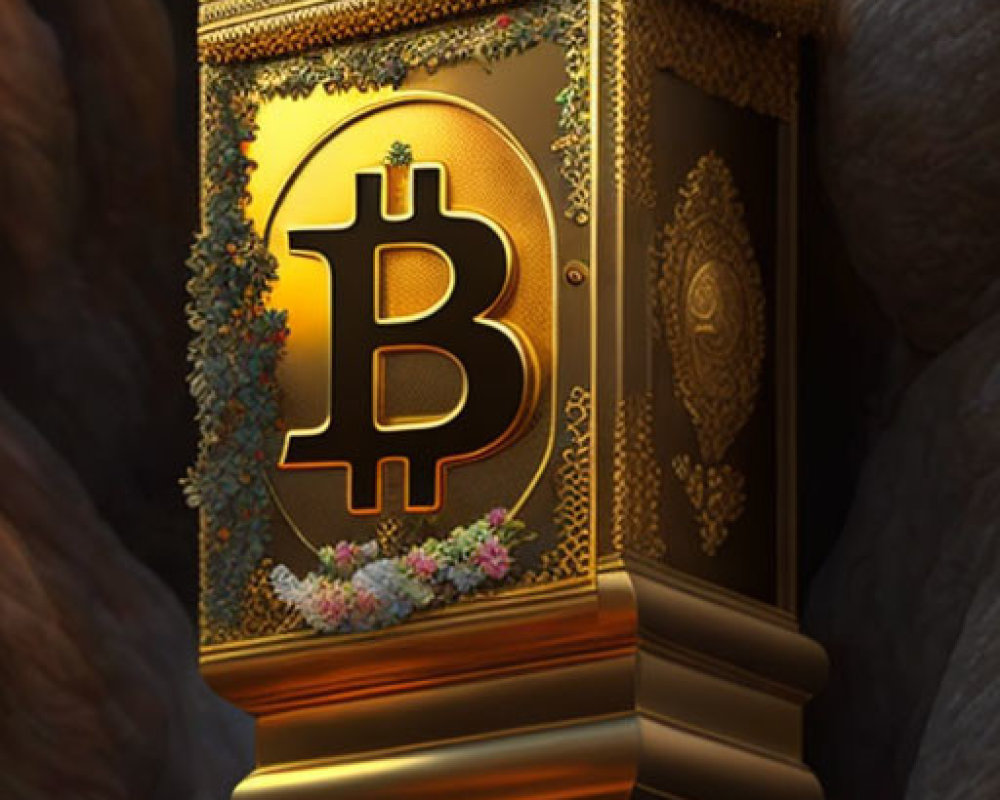 Golden Bitcoin Emblem on Pedestal in Moonlit Canyon with Foxes