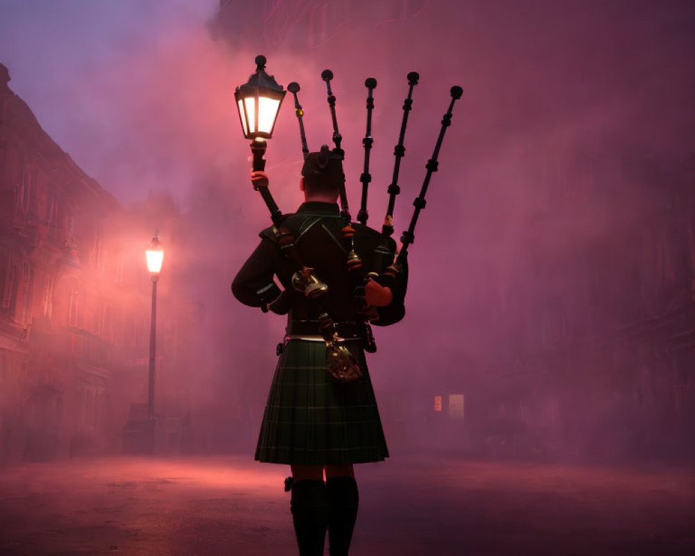 Traditional Scottish bagpiper playing in foggy, dimly-lit street at dusk